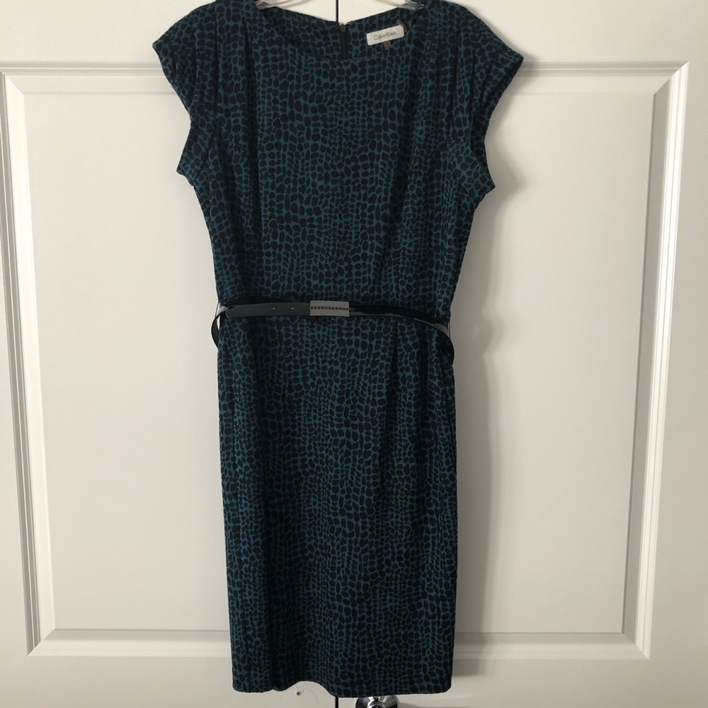 Calvin Klein belted leopard dress with cap sleeve